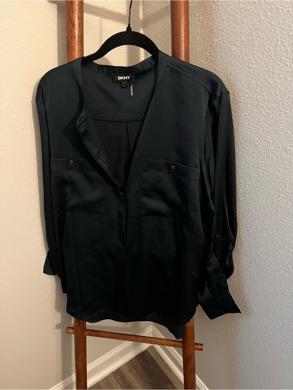 DKNY Dark Navy Button-Front Blouse with Chest Pockets